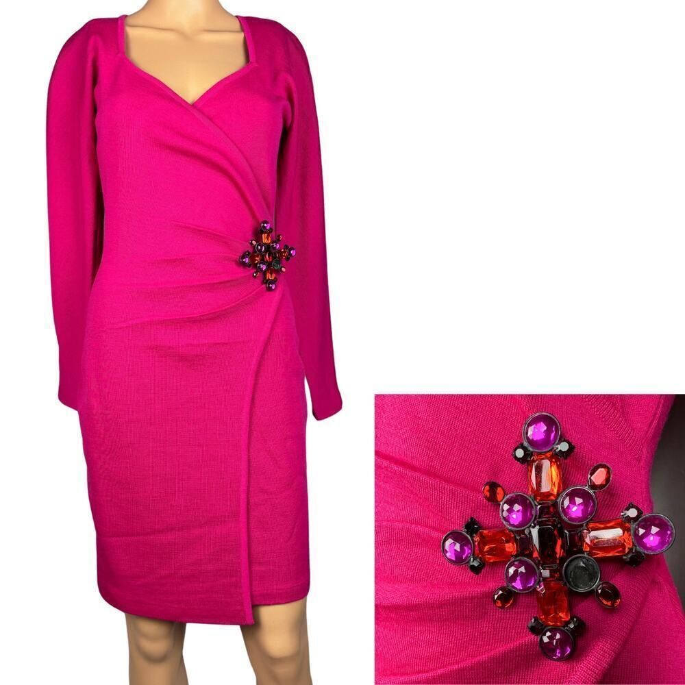 Andrea Jovine Dress Womens XS Pink Wool Sweetheart Surplice Neckline w/ Brooch‎